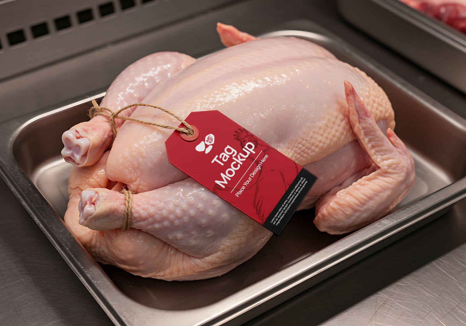 A raw whole chicken rests in a stainless steel tray, ready for cooking.  A price tag is attached.
